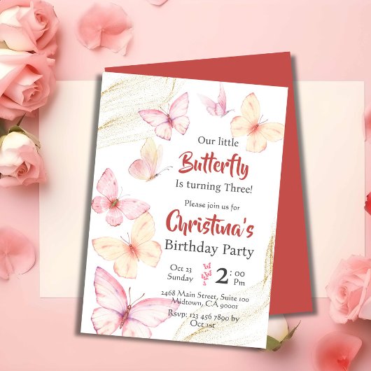 蝶をテーマとしたかわいいモダン至福の三の誕生日 招待状