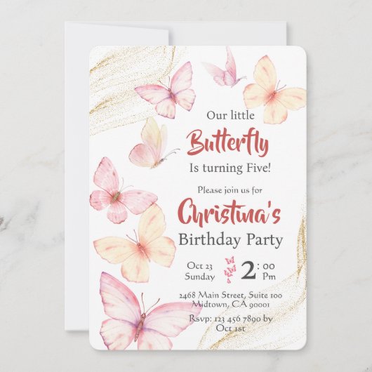 蝶をテーマとしたかわいいモダン至福5歳の誕生日 招待状 (正面)