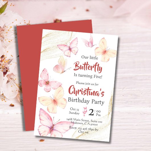 蝶をテーマとしたかわいいモダン至福5歳の誕生日 招待状