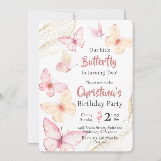 蝶をテーマとしたかわいい至福2歳の誕生日 招待状 (正面)