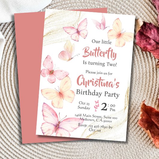蝶をテーマとしたかわいい至福2歳の誕生日 招待状