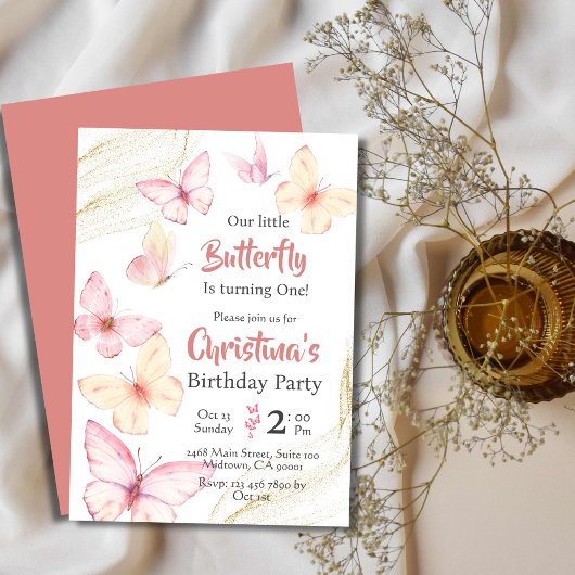 蝶をテーマにしたモダンかわいい至福1歳の誕生日 招待状
