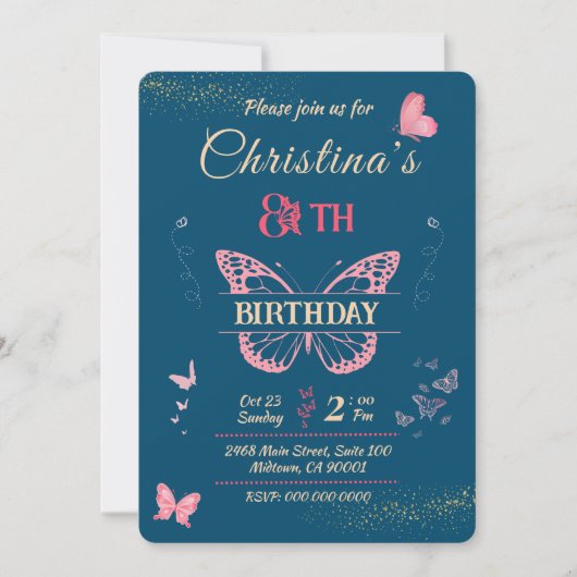 蝶をテーマにした8thバースデーブルー 招待状 (正面)