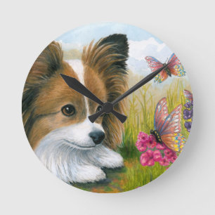 蝶を持つ犬123のPapillon犬 ラウンド壁時計
