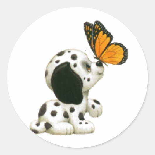 蝶を持つDalmatian子犬 ラウンドシール (正面)