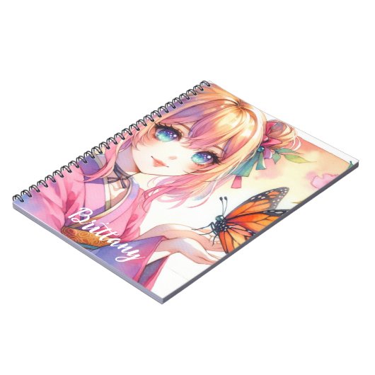 蝶を飼っているアニメの女パーソナライズされたの子 ノートブック (左側)