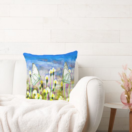 蝶イエローフローラブルースカイ クッション (ソファ)