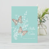蝶インクイドアートアクアティール（緑がかった色）結婚クリーム 招待状 (スタンド正面)
