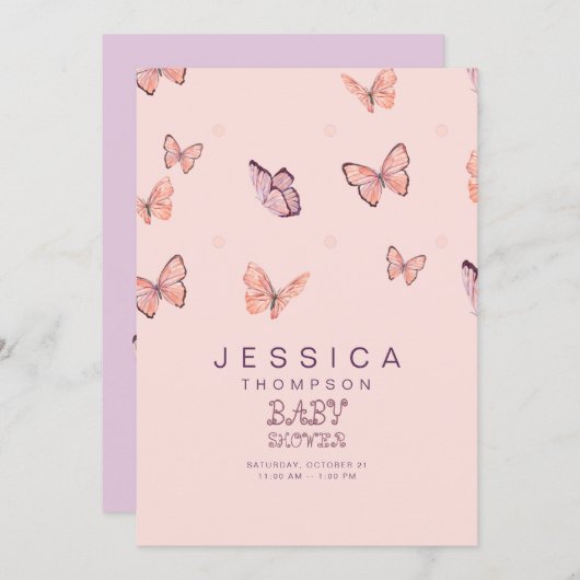 蝶インザエアガールベビーシャワー招待状 招待状 (正面/裏面)