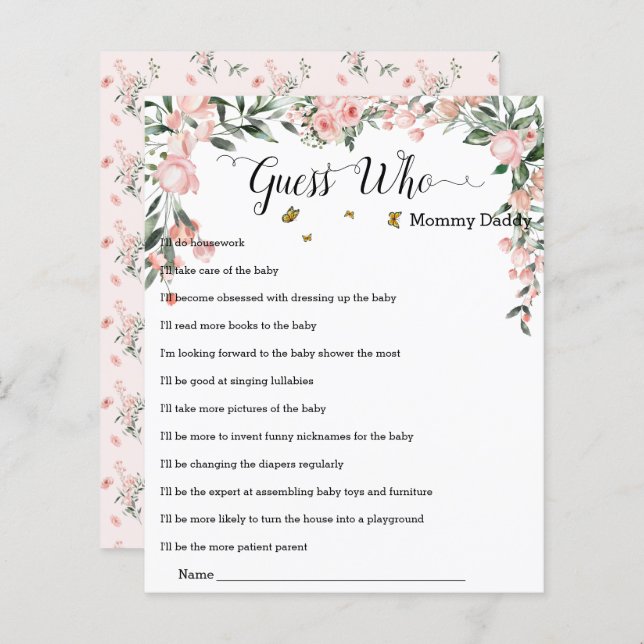 蝶エレガントとピンクのバラ誰がゲームを推測 (正面/裏面)