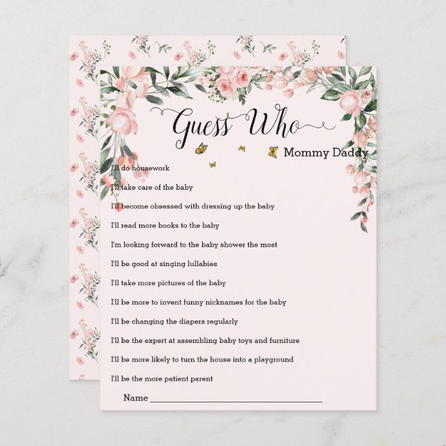 蝶エレガントとピンクのバラ誰がゲームを推測 (正面/裏面)