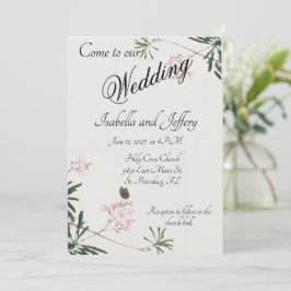 蝶エレガントと植物性ピンクの花 招待状