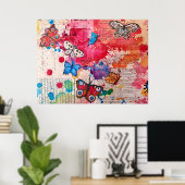 蝶エレガントの水絵画色ヴィンテージ本 ポスター (ホームオフィス)