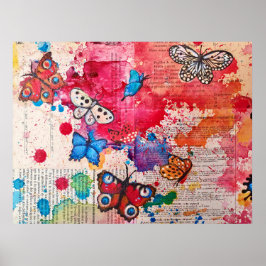 蝶エレガントの水絵画色ヴィンテージ本 ポスター