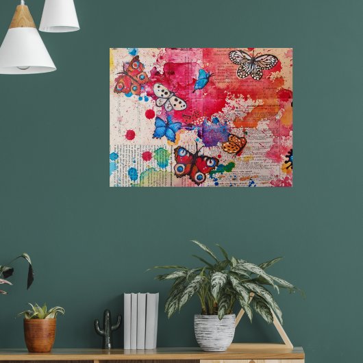 蝶エレガントの水絵画色ヴィンテージ本 ポスター (リビング1)