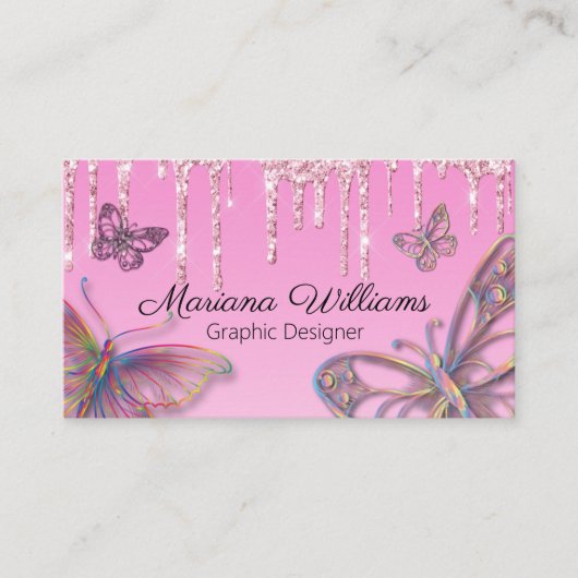 蝶エレガントの滴るピンクのグリッタースタイリッシュ 名刺 (正面)