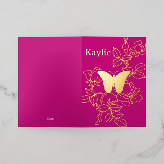 蝶エレガントフローラホイパーソナライズされたルカード 箔シーズンカード (外側レイダウン)