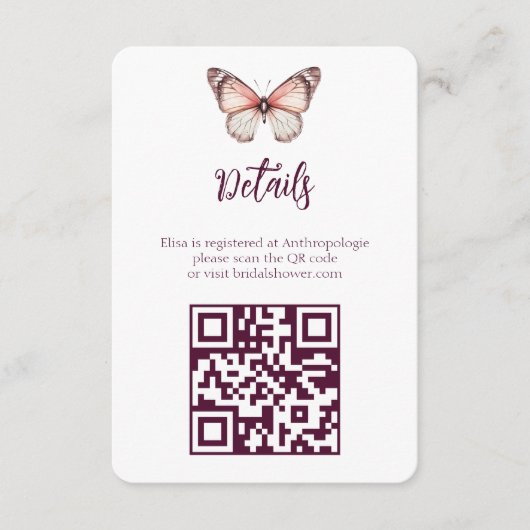 蝶エレガントブライダルシャワーカスタムQRコード エンクロージャーカード (正面)