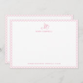 蝶エレガントモノグラムガーリーベビーピンクギンガム ノートカード (正面/裏面)