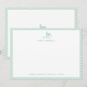 蝶エレガントモノグラムミントグリーンジンガム ノートカード (正面/裏面)