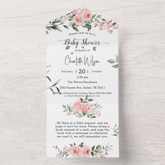 蝶エレガント付きピンクのバラ赤ちゃんシャワー オールインワン招待状 (内側)