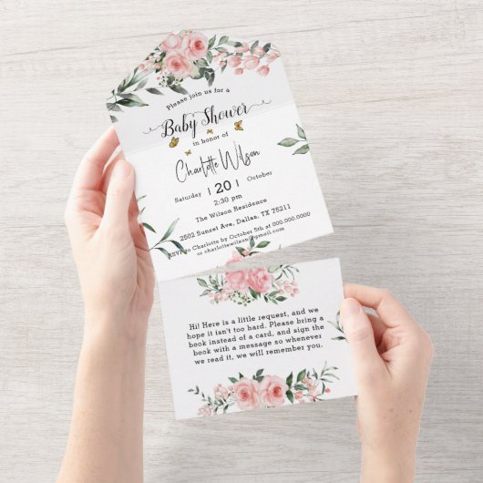 蝶エレガント付きピンクのバラ赤ちゃんシャワー オールインワン招待状 (貼ってはがせる)