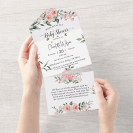 蝶エレガント付きピンクのバラ赤ちゃんシャワー オールインワン招待状