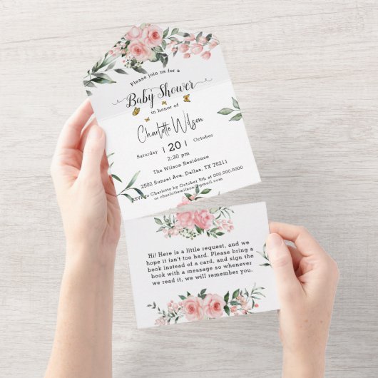 蝶エレガント付きピンクのバラ赤ちゃんシャワー オールインワン招待状 (貼ってはがせる)