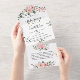 蝶エレガント付きピンクのバラ赤ちゃんシャワー オールインワン招待状