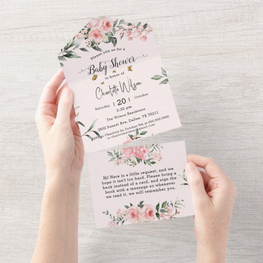 蝶エレガント付きピンクのバラ赤ちゃんシャワー オールインワン招待状 (貼ってはがせる)