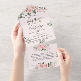 蝶エレガント付きピンクのバラ赤ちゃんシャワー オールインワン招待状