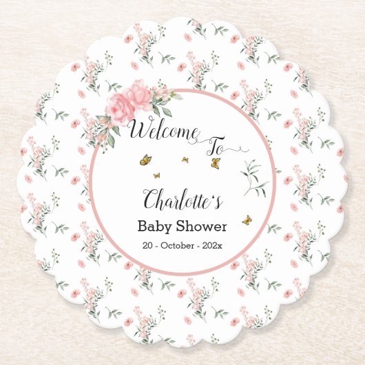 蝶エレガント付きピンクのバラ赤ちゃんシャワー ペーパーコースター (正面)