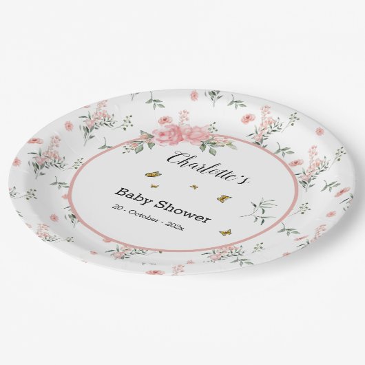 蝶エレガント付きピンクのバラ赤ちゃんシャワー ペーパープレート (アングル)