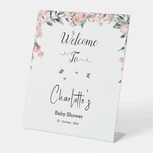 蝶エレガント付きピンクのバラ赤ちゃんシャワー 台座サイン (正面)