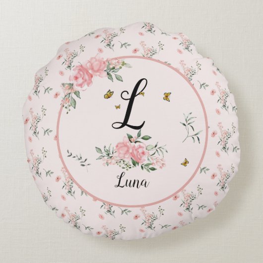 蝶エレガント付きピンクのバラ ラウンドクッション (裏面)
