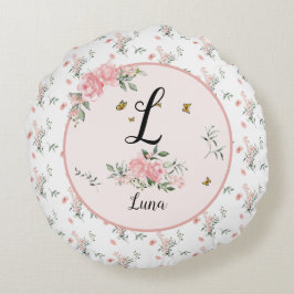 蝶エレガント付きピンクのバラ ラウンドクッション