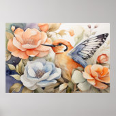 蝶エレガント羽の鳥と開花アート ポスター (正面)