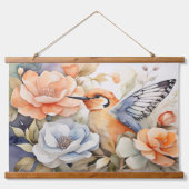 蝶エレガント羽の鳥と開花アート 吊り下げ型タペストリー (正面)