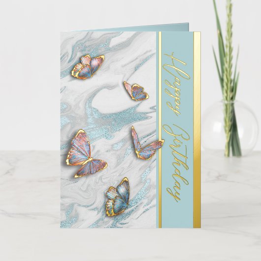 蝶エレガント誕生日箔挨拶カード 箔グリーティングカード (正面)