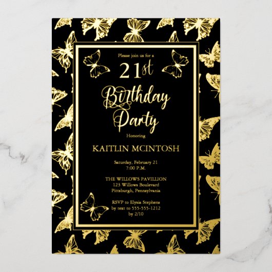 蝶エレガント21st誕生日パーティーブラック金ゴールド 箔招待状 (正面)