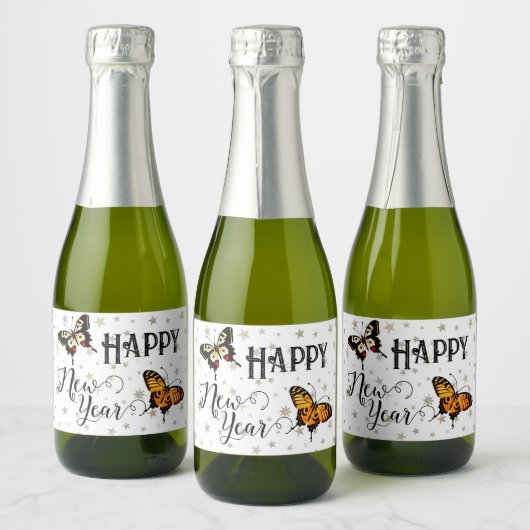 蝶エレガント&スターズホワイトハッピーニューイヤー スパークリングワインラベル (ボトル)