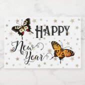 蝶エレガント&スターズホワイトハッピーニューイヤー スパークリングワインラベル (シングルラベル)