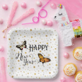 蝶エレガント&スターズホワイトハッピーニューイヤー ペーパープレート (パーティー)
