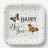 蝶エレガント&スターズホワイトハッピーニューイヤー ペーパープレート (正面)