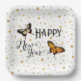 蝶エレガント&スターズホワイトハッピーニューイヤー ペーパープレート