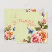 蝶エレガント&バラ誕生日招待状 招待状 (正面/裏面)
