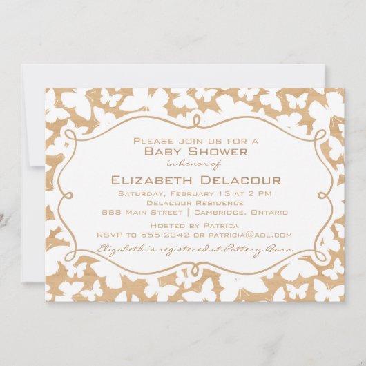 蝶オンウッドパターンベビーシャワー招待状 招待状 (正面)