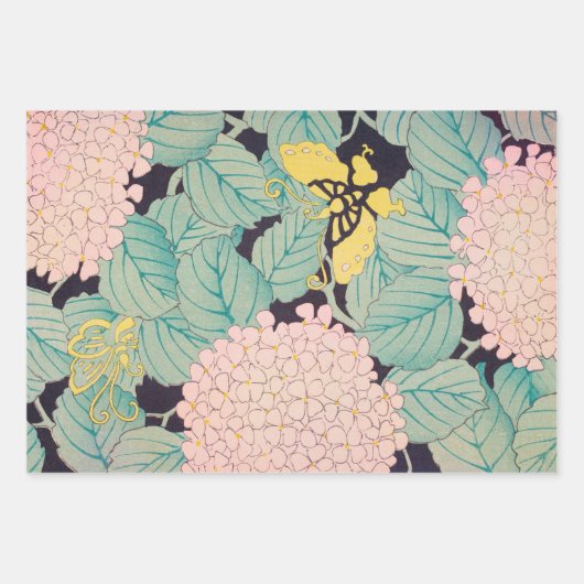 蝶オンピンクアジサイヴィンテージ日本の ラッピングペーパーシート (正面)