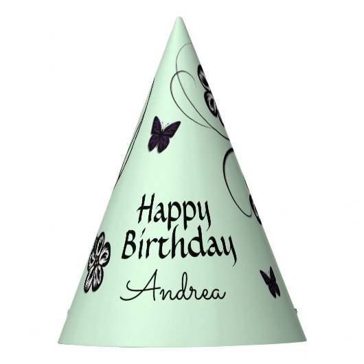 蝶オン緑の花誕生日付き/名前 パーティーハット (正面)