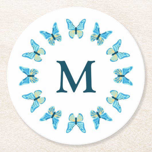 蝶カスタム色グラフィックモノグラムの ラウンドペーパーコースター (正面)